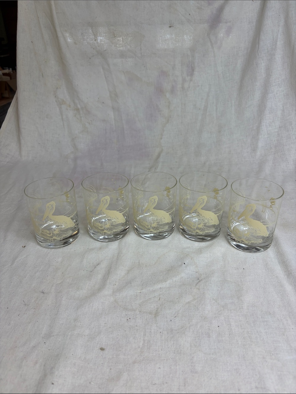 Set of 5 Vintage Pelican Etched Rocks Glasses - Clear with Gold Pelican Motif